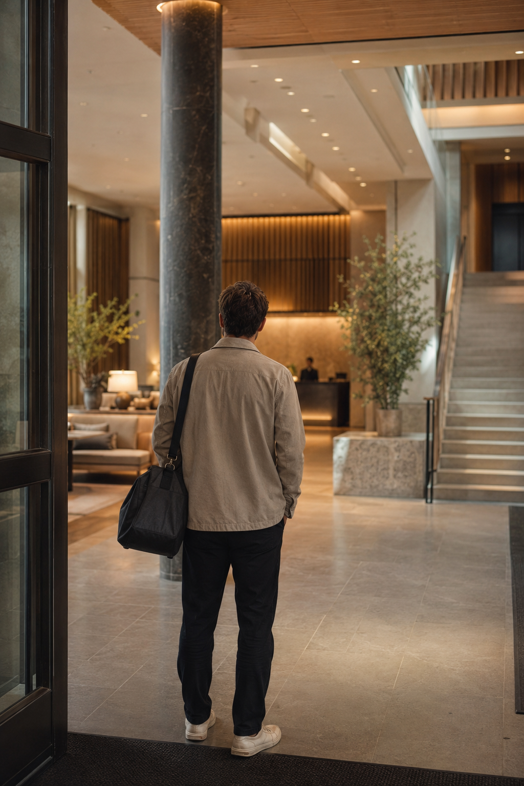 A hotel guest pauses just inside an unfamiliar lobby, looking towards reception and deciding where to go next.